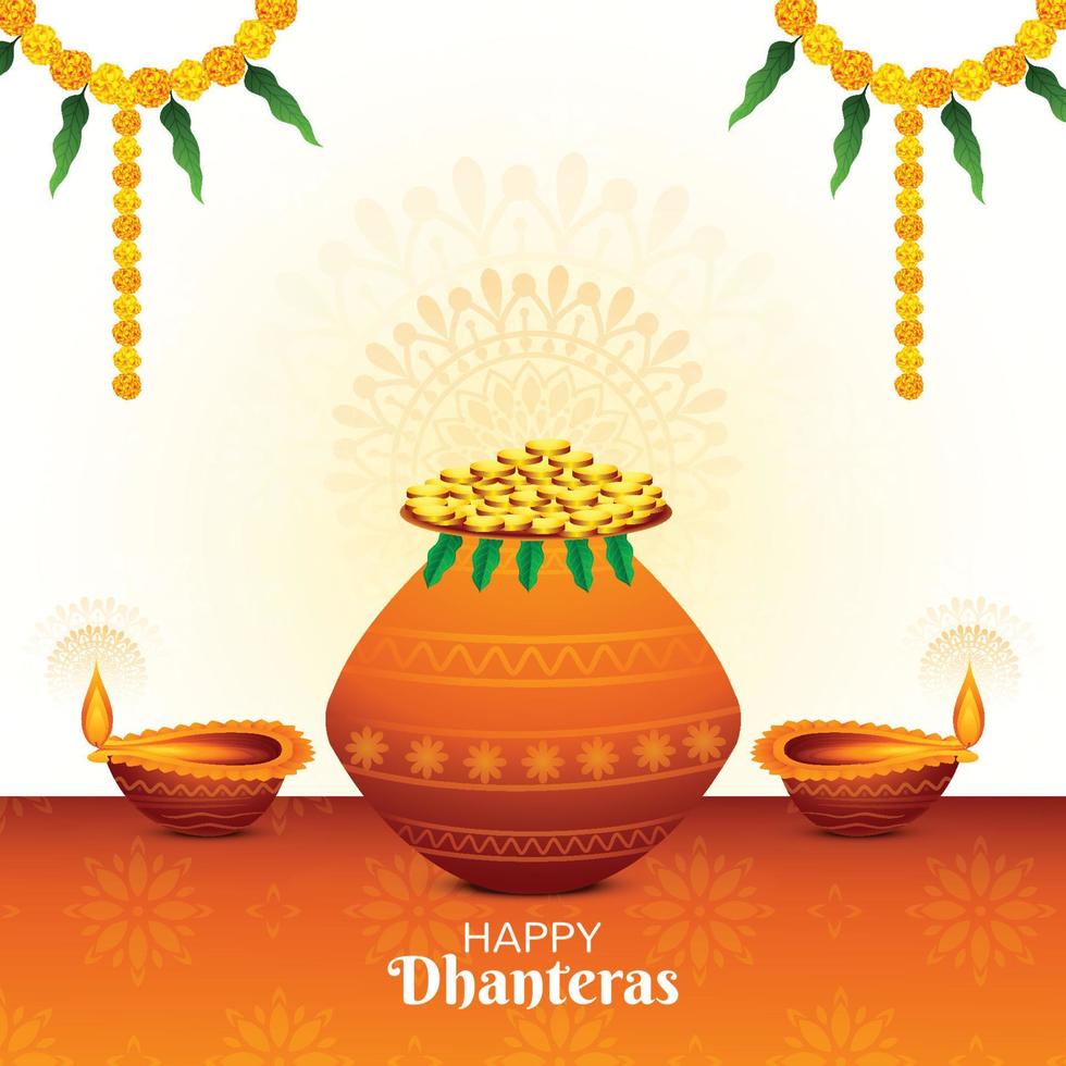 Happy dhanteras golden coin pot and diya celebration background vector