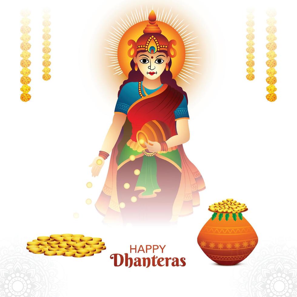 Goddess maa laxmi illustration with coins for indian festival haapy dhanteras background vector
