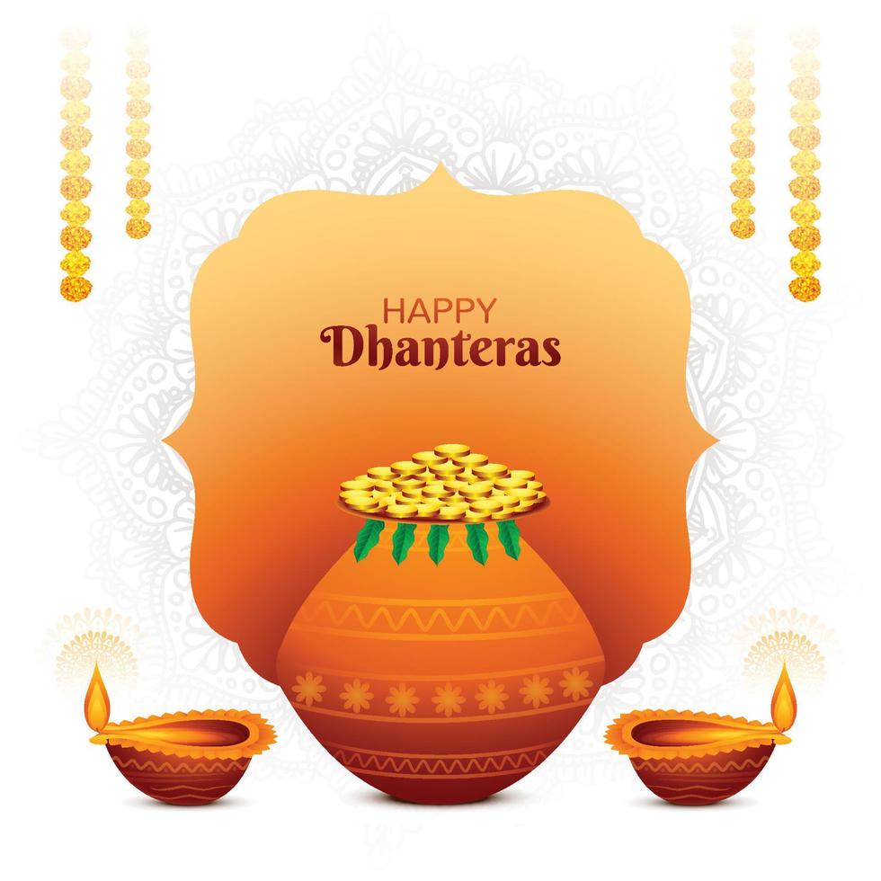 Happy dhanteras golden coin pot and diya celebration background vector