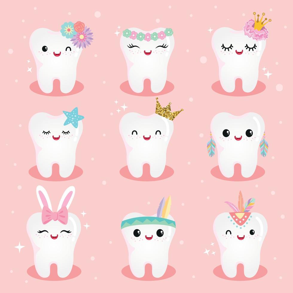 Cute girls Tooth Character Set in many costume vector