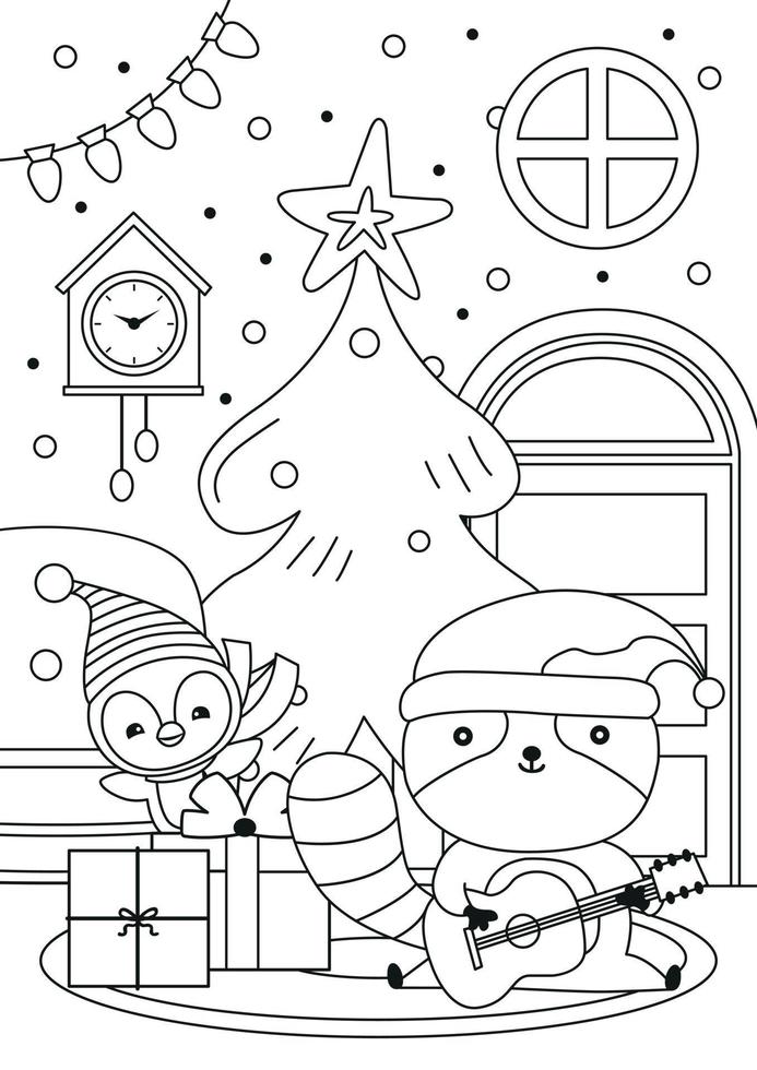 Christmas coloring page with racoon and penguin. Kids coloring page vector