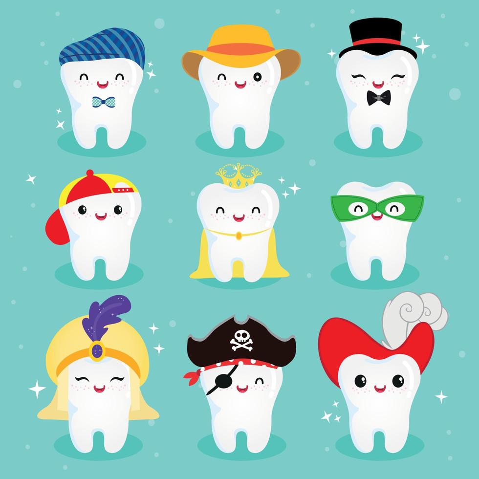 personaje de dientes de niños lindos con muchos disfraces vector