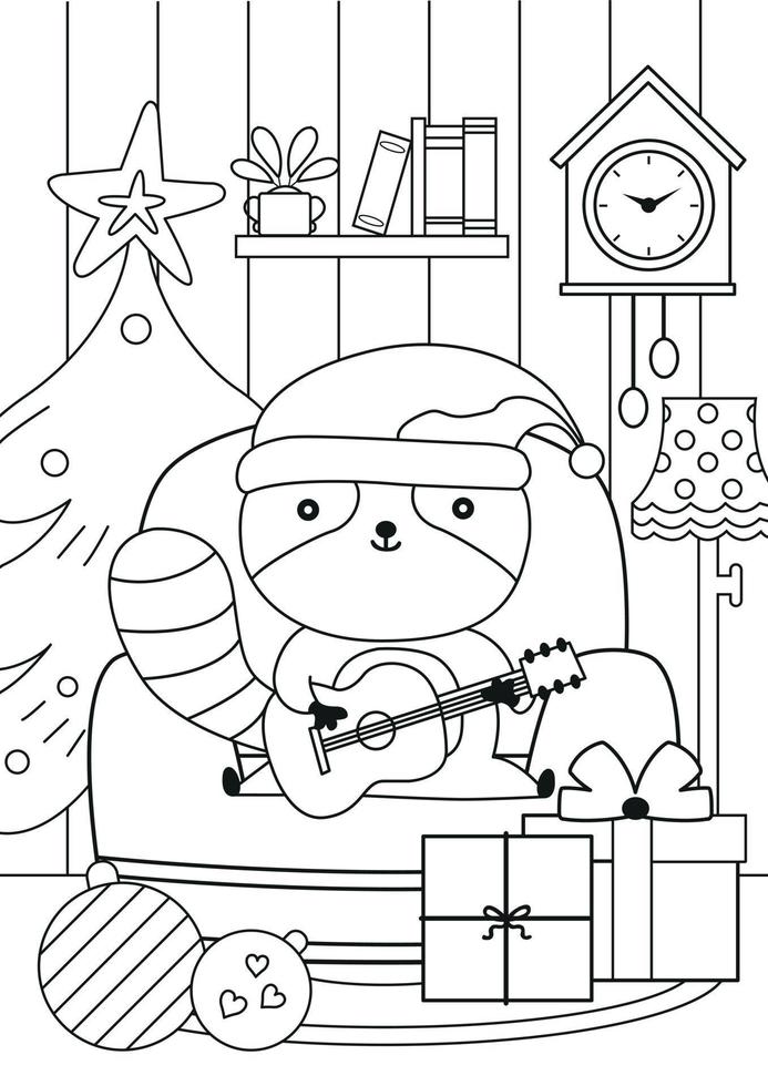 página para colorear de navidad con lindo santa racoon vector