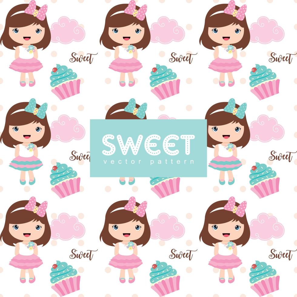 Cute seamless pattern with cute girl and cupcake vector