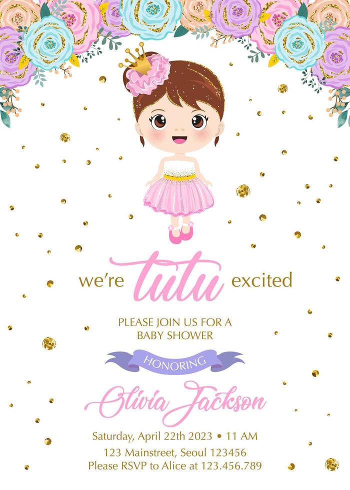 Baby shower invitation with cute tutu girl vector
