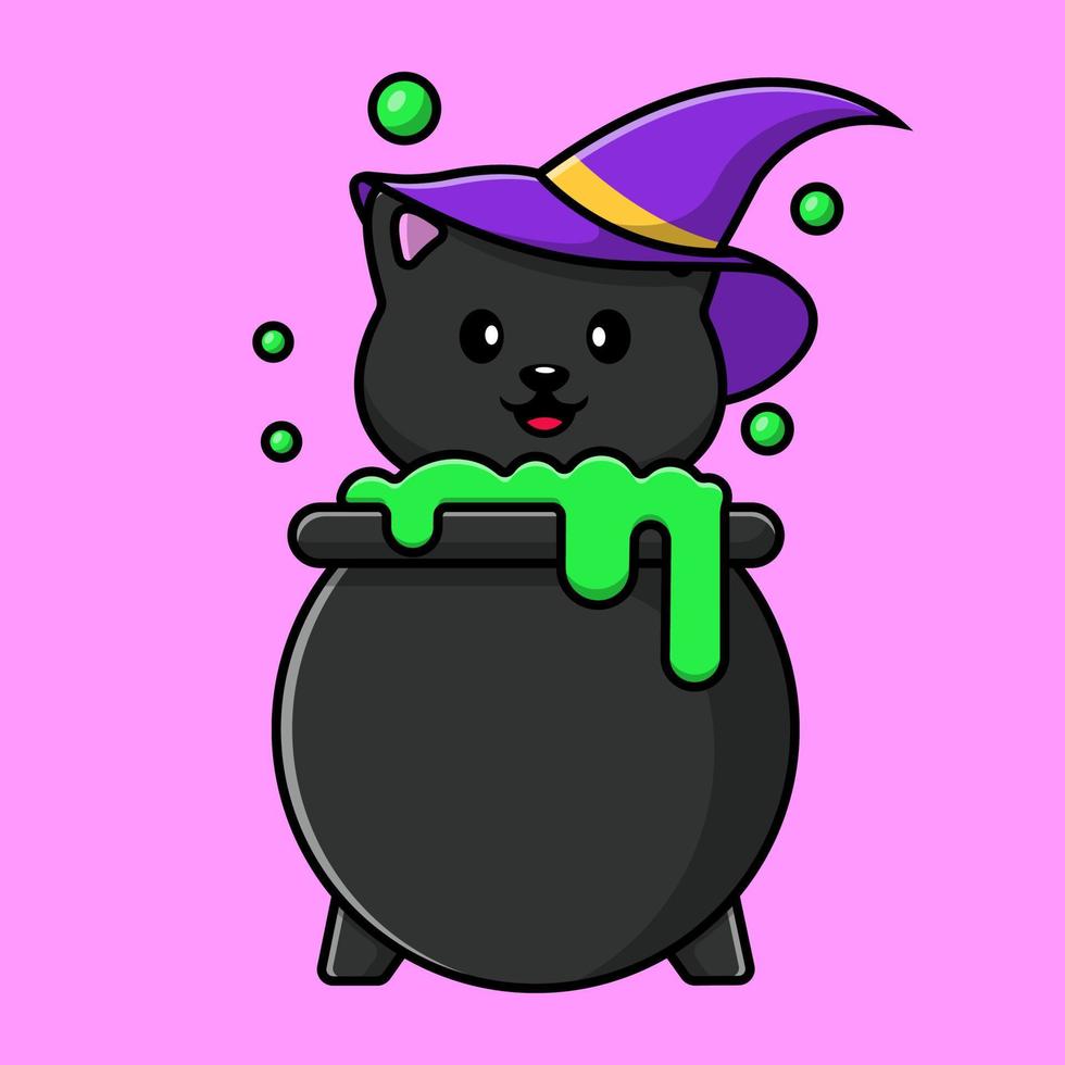 Cute Witch Cat On Halloween Cauldron Cartoon Vector Icons Illustration. Flat Cartoon Concept. Suitable for any creative project.