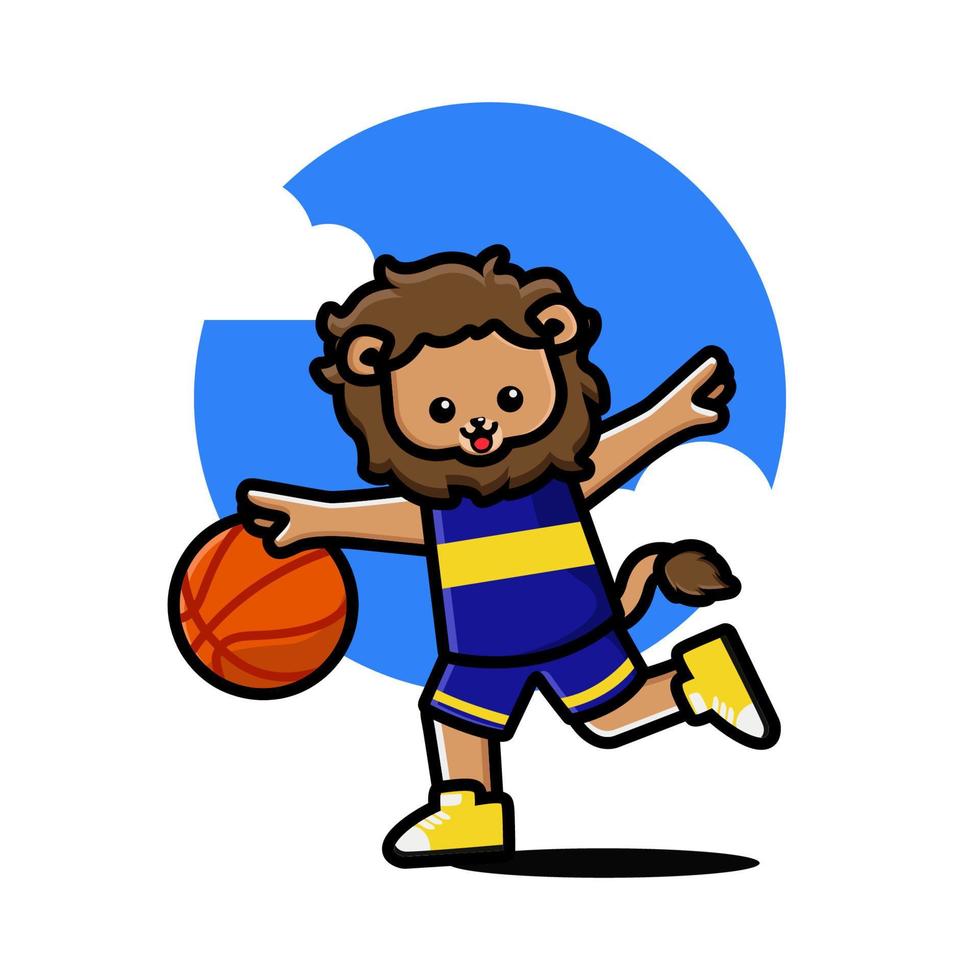 león lindo feliz jugando baloncesto vector