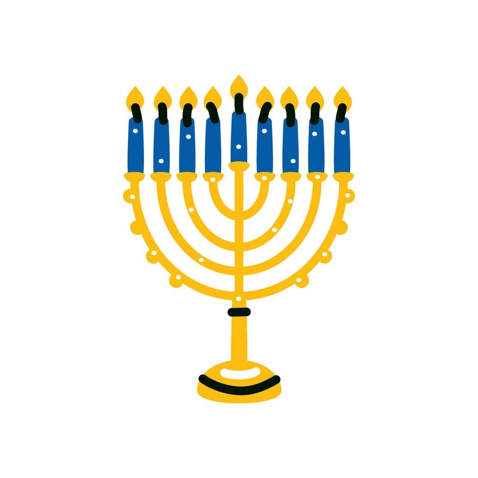Hanukkah menorah candelabrum with nine lit candles flat vector. vector