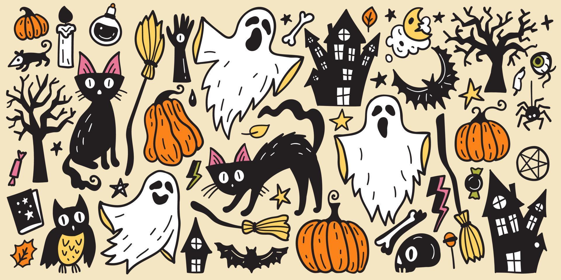 colección brillante de conjunto de bocetos de pegatinas de halloween. gran conjunto de garabatos dibujados a mano. vector