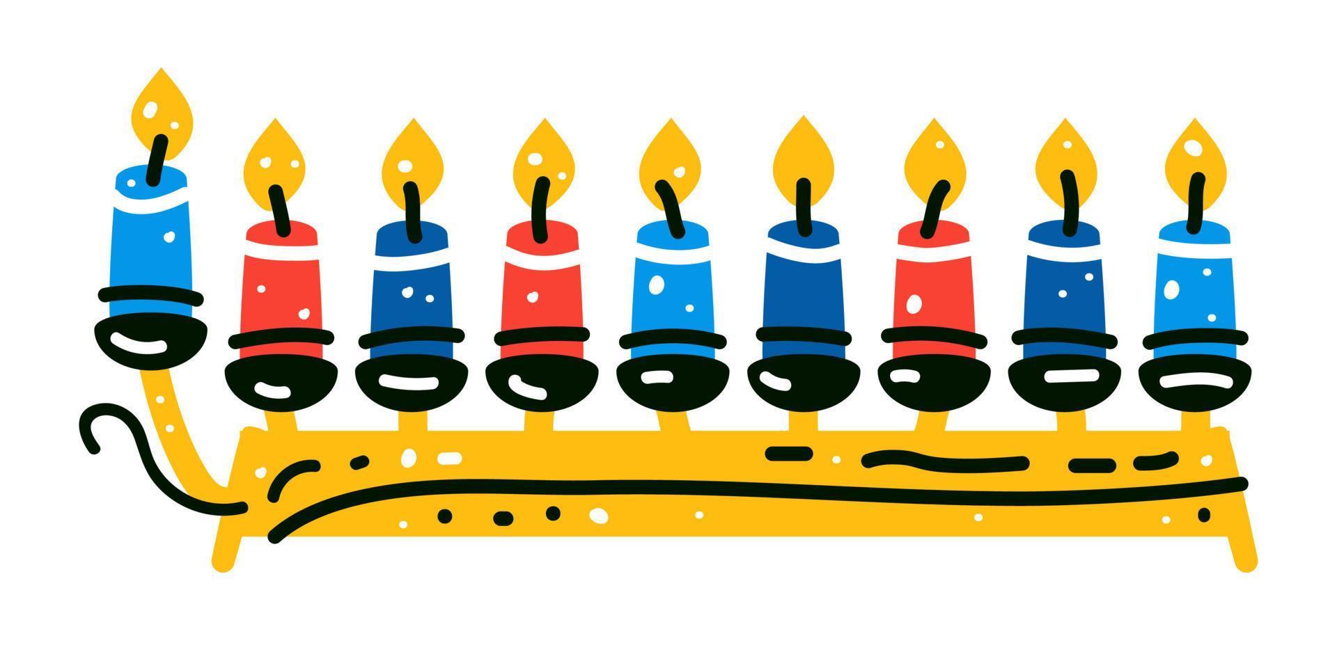 Hanukkah menorah candelabrum with nine lit candles flat vector. vector