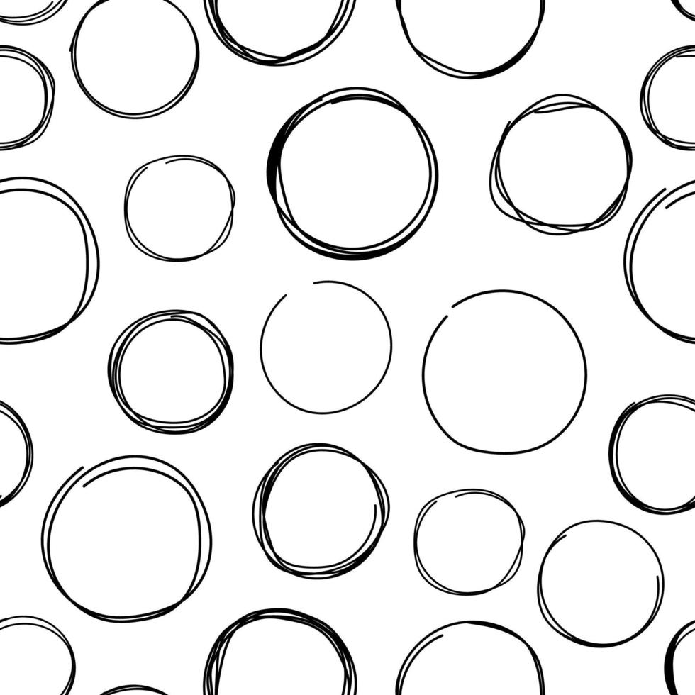 Hand drawn circle line sketch seamless pattern. Abstract line black background vector