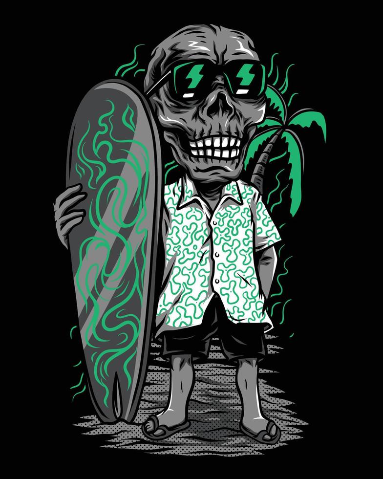 ilustración vectorial de una calavera que quiere surfear vector