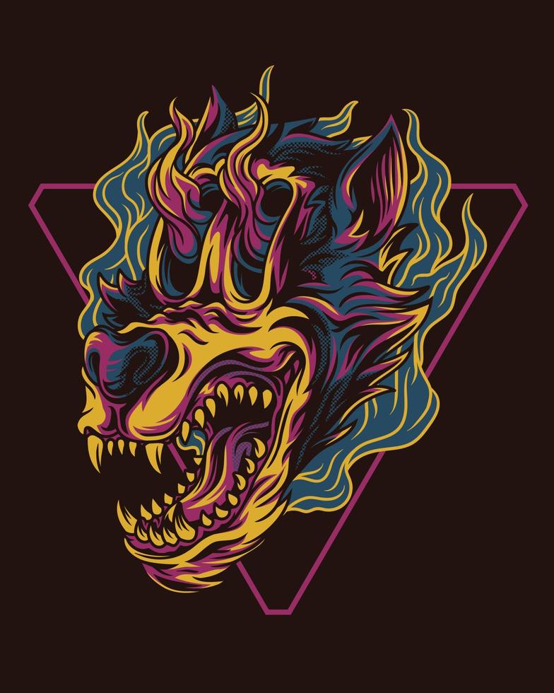 vector illustration of a wolf skull that emits fire from its eyes