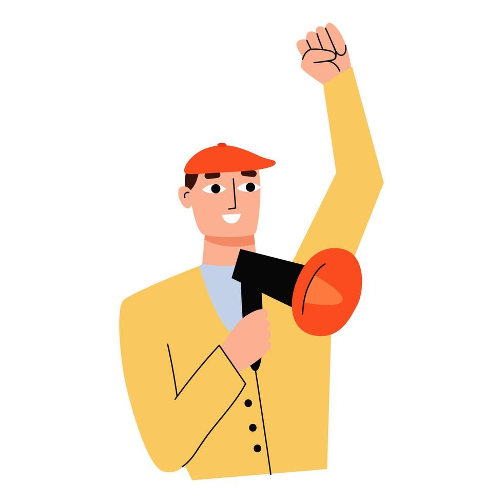 Mbti concept. Warrior character. Man shouts into a loudspeaker. Flat vector illustration