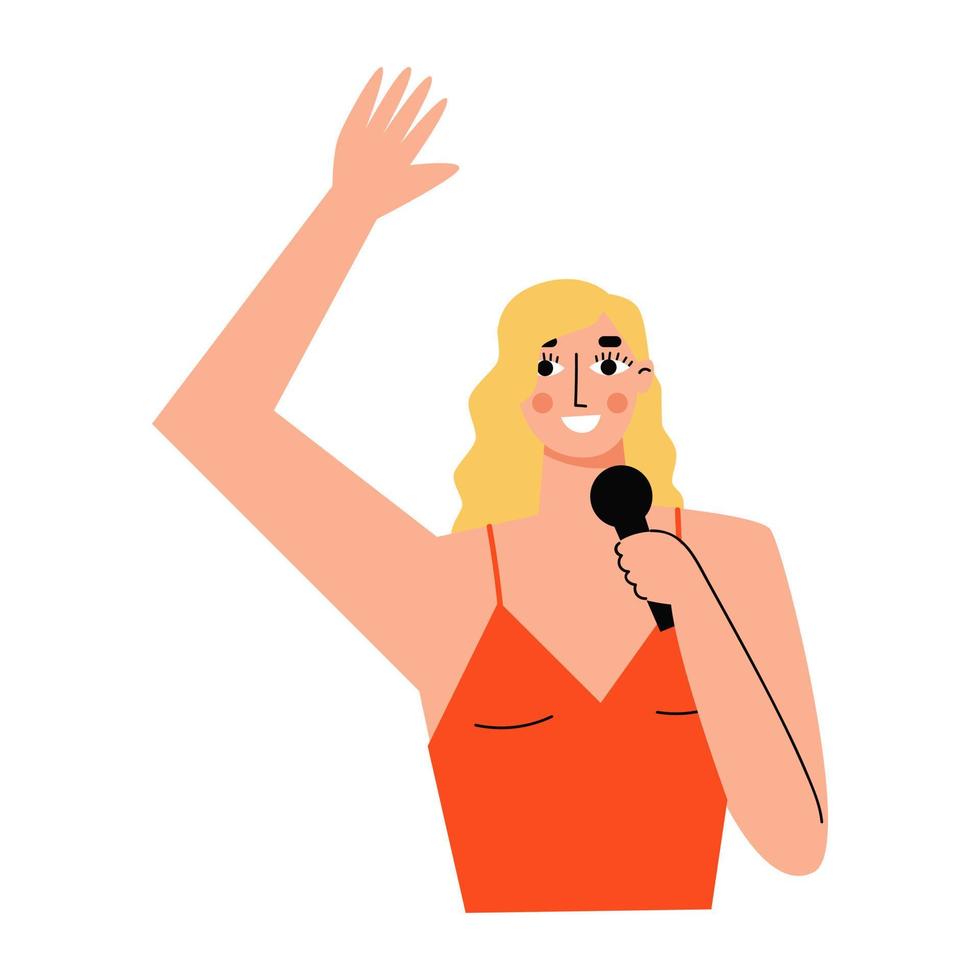 Mbti concept. Activist character. Blonde in a red dress with a microphone. Flat vector illustration