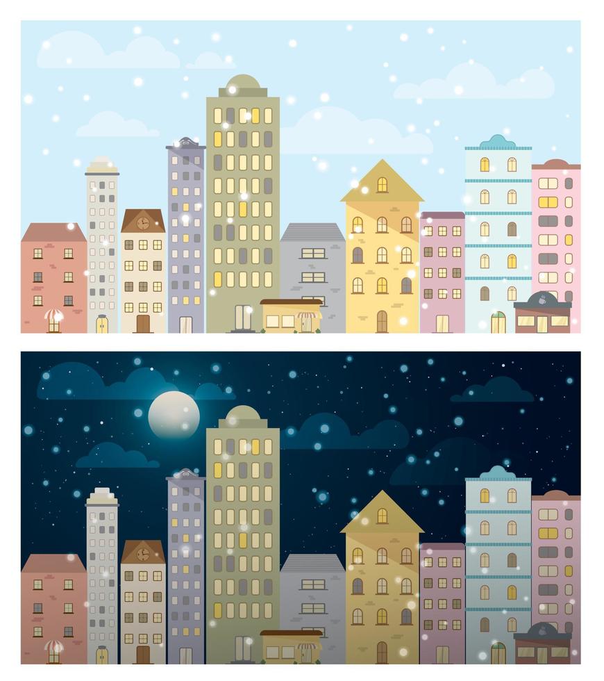 conjunto de nevadas de día y de noche en la ciudad. paisaje urbano en temporada de invierno día y noche. vector