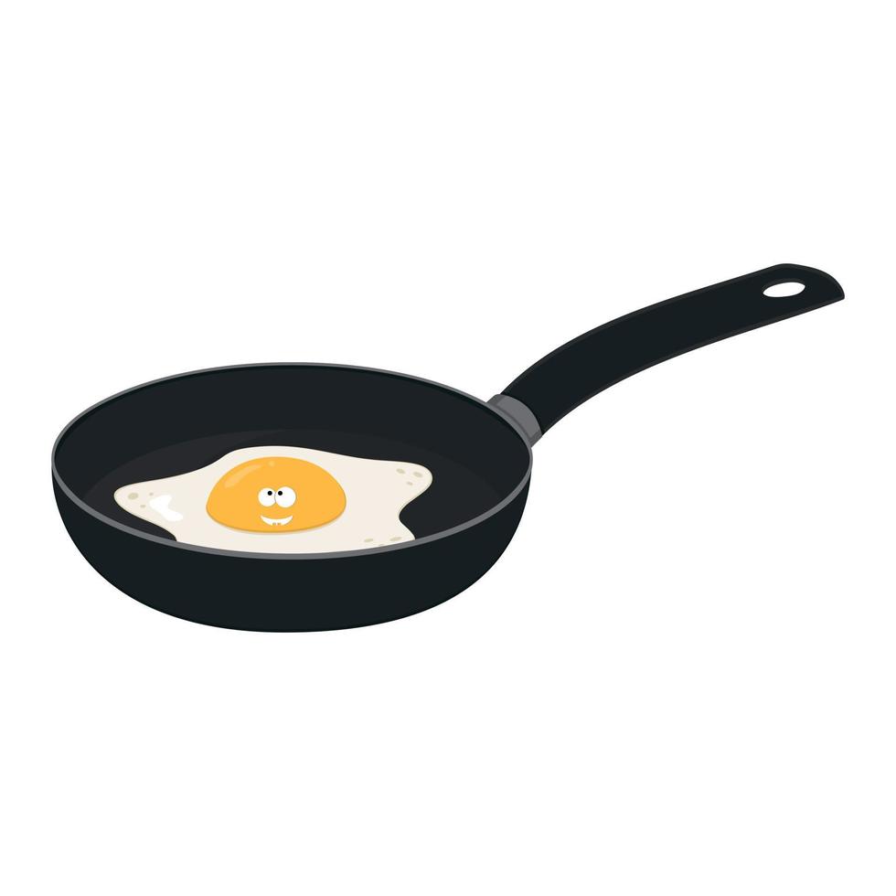 Fried egg character with kawaii eyes in a frying pan, black outline, line, vector illustration