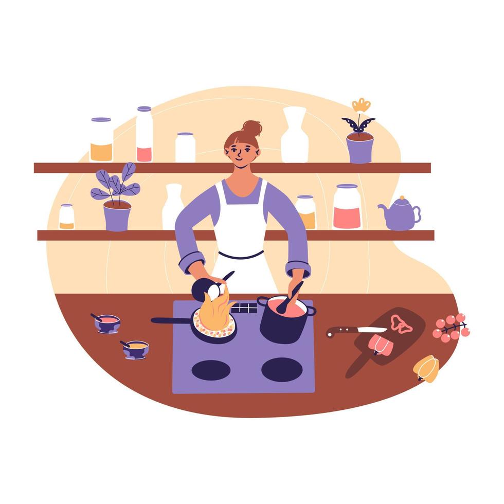 Woman cooking in kitchen. Young female in apron preparing food. Housewife make dinner. vector