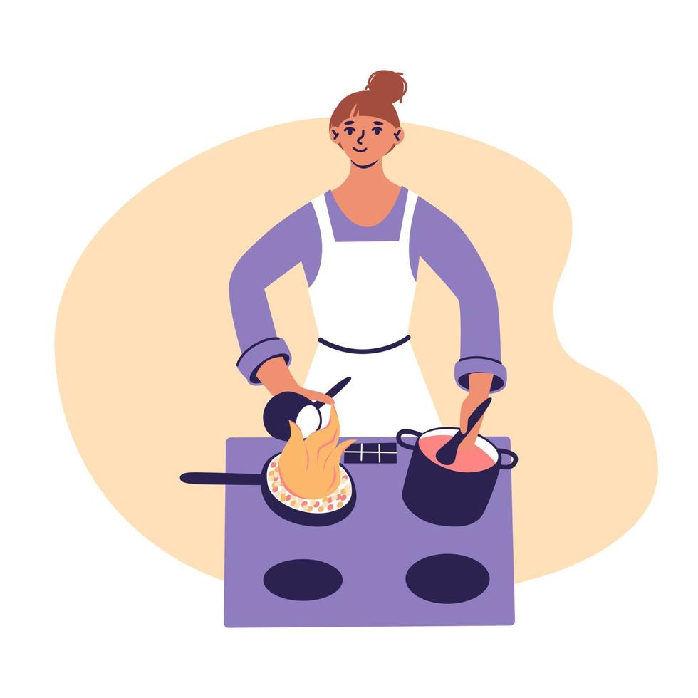 Woman cooking. Young female in apron. Housewife make dinner. vector