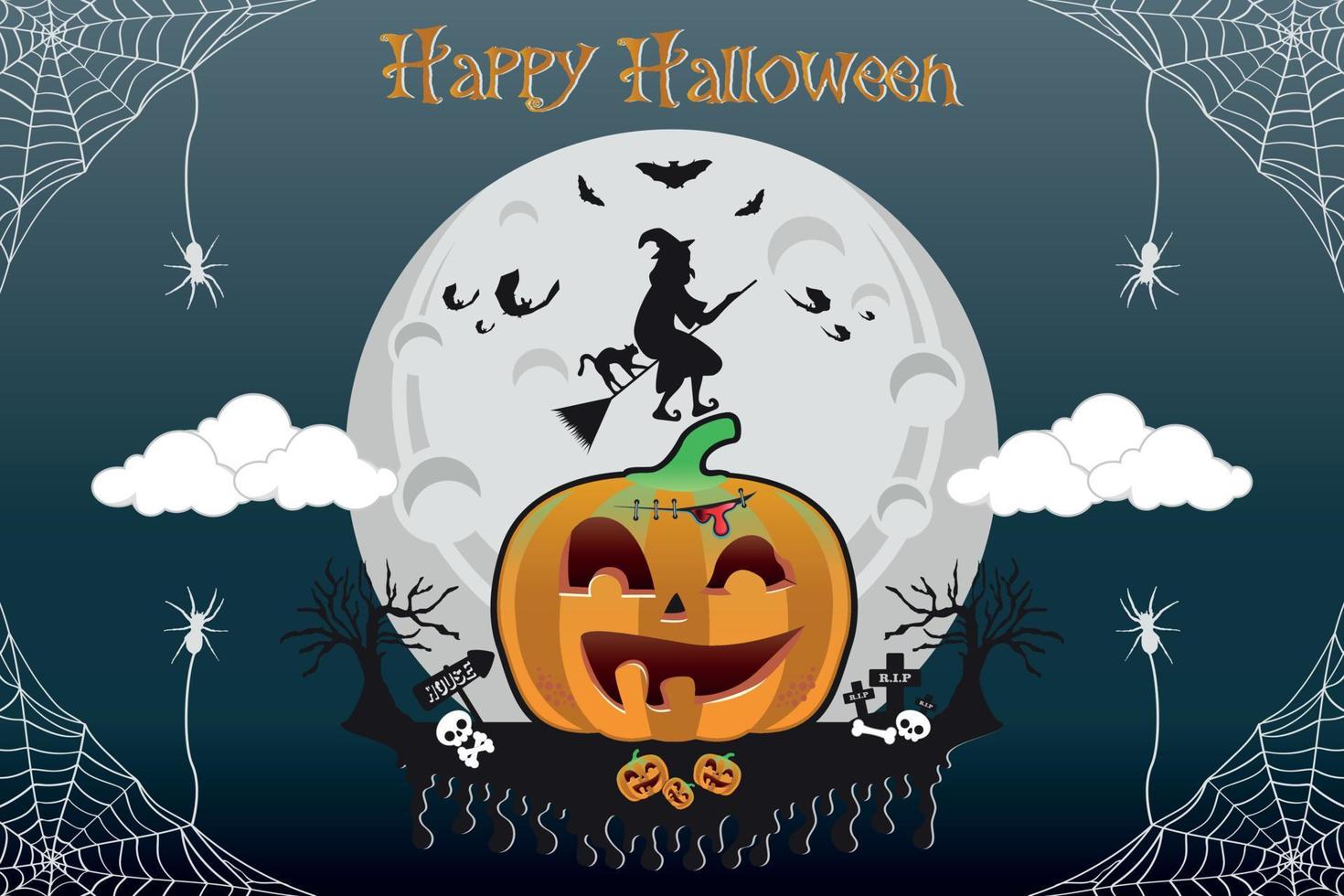 Halloween pumpkins head and haunted house castle bat spooky trees witch with full moonlight shadow vector