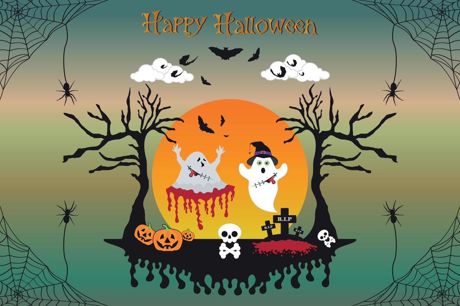 Halloween cute Ghost character pumpkins  skull bat spooky trees with full moonlight shadow illustration vector