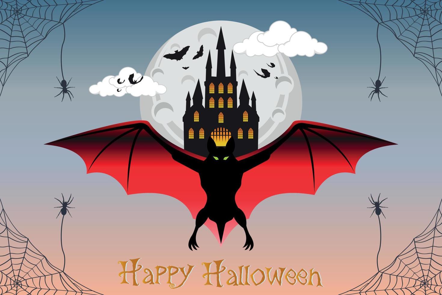 Happy Halloween flying bat character haunted house castle with full moonlight shadow vector illustration