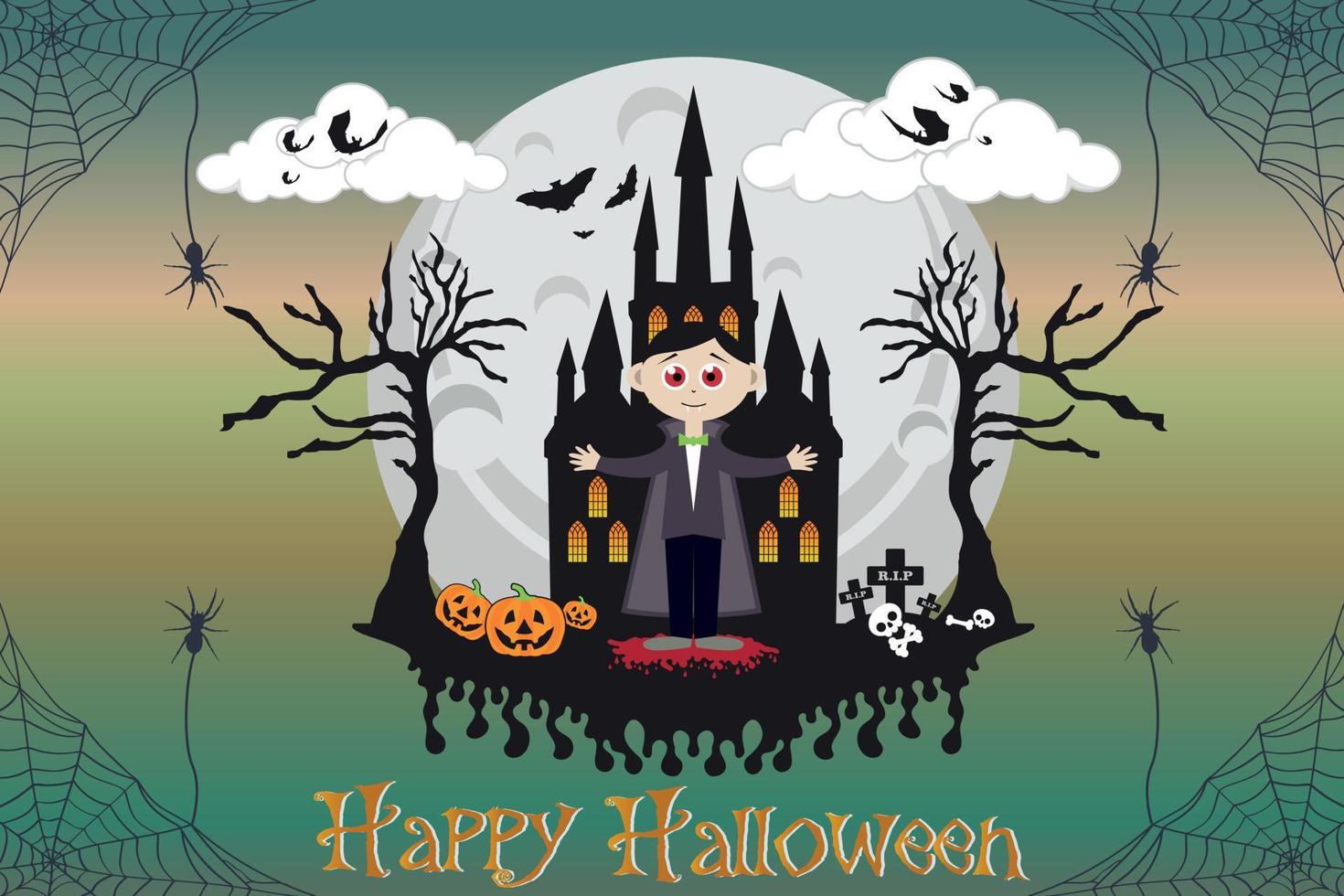 Halloween cute dracula character pumpkin spider bat spooky trees with full moonlight shadow illustration vector