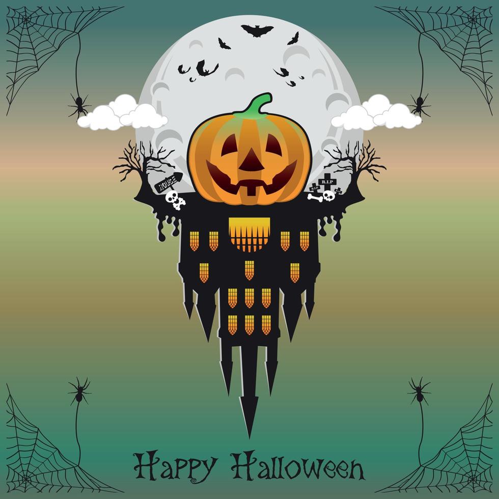 Halloween pumpkins head and haunted house castle bat spooky trees witch with full moonlight shadow vector