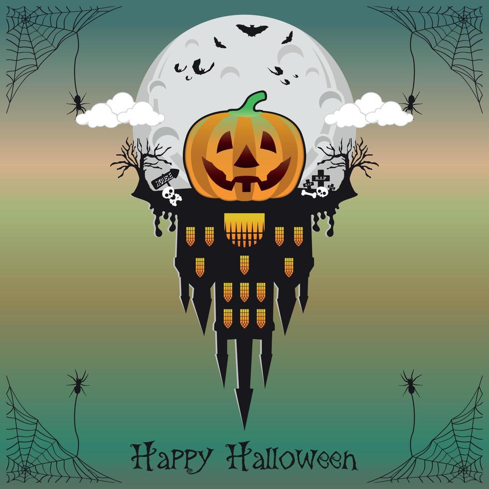 Halloween pumpkins head and haunted house castle bat spooky trees witch with full moonlight shadow vector