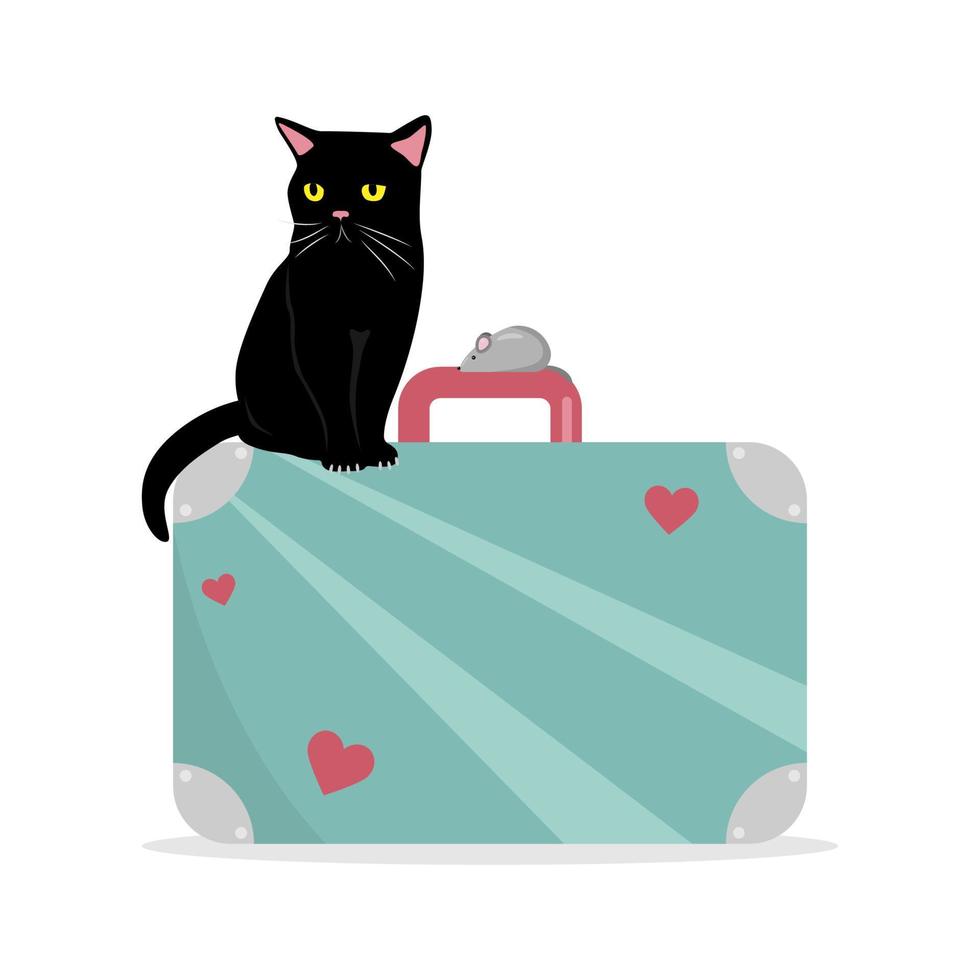 A black cat and a gray mouse sit on a suitcase. vector illustration