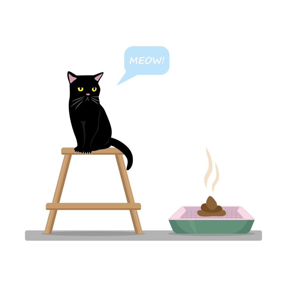 A black cat sits next to a toilet. Cat asks to clean the toilet behind her. vector illustration