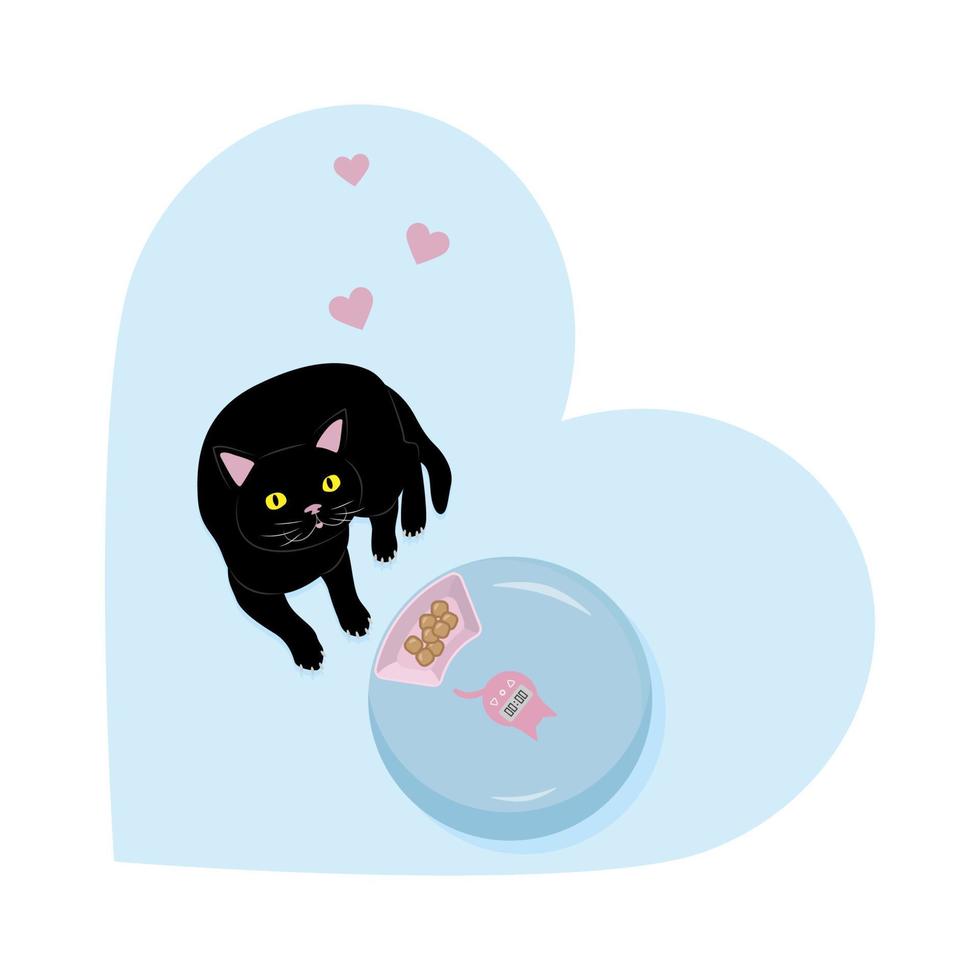 Cute black cat lies next to the automatic feeder. vector illustration