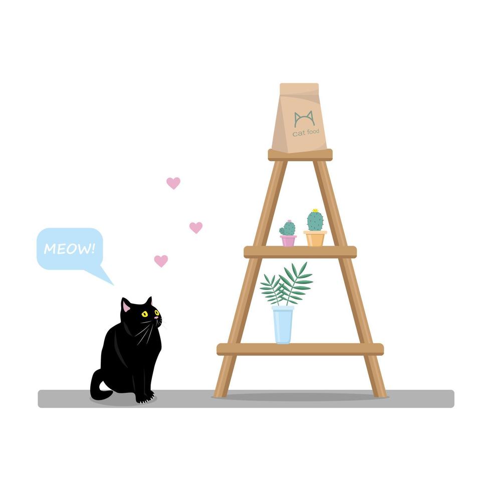 A black cat looks at the food at the top of the rack vector