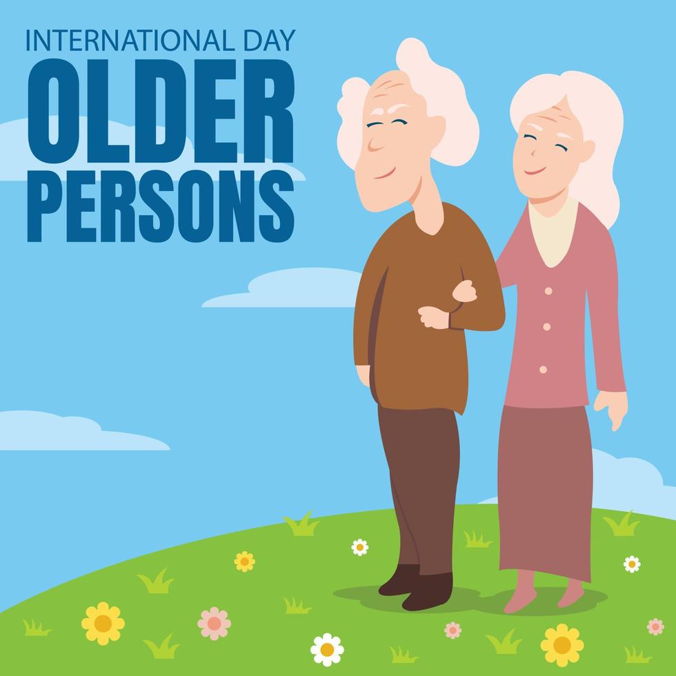 illustration vector graphic of a couple of grandparents walking together in the park, displaying flowers, perfect for international day older persons, celebrate, greeting card, etc.
