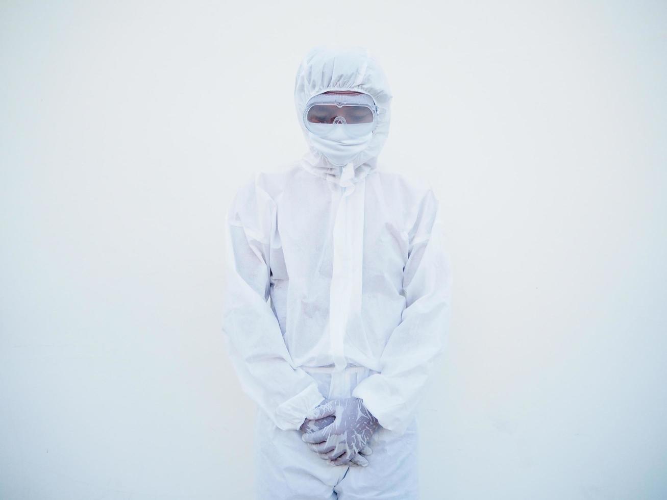 Asian male doctor or scientist in PPE suite uniform with wearing face mask protective. The mood is like sad and calm, coronavirus or COVID-19 concept isolated white background photo