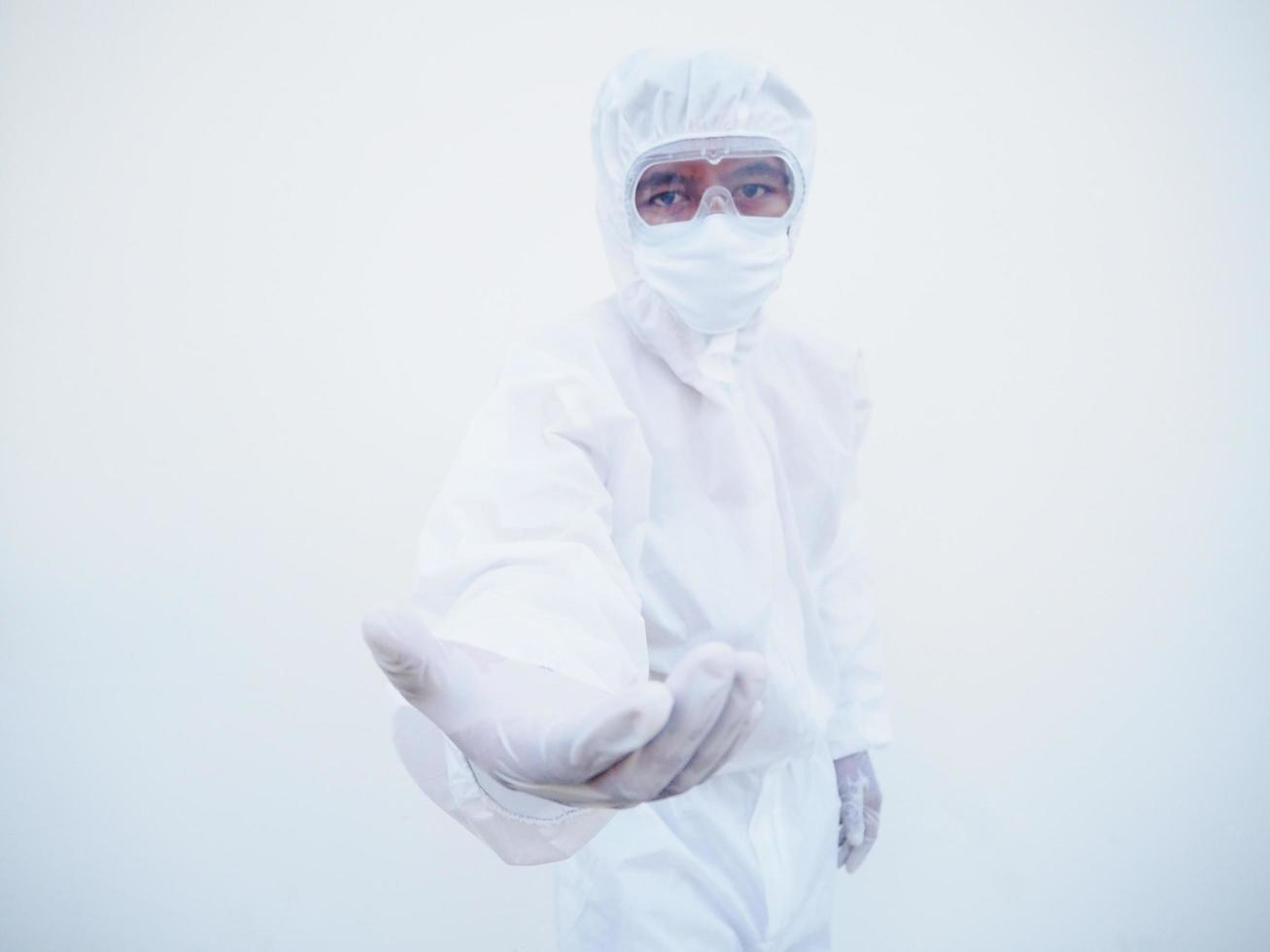 Asian doctor or scientist in PPE suite uniform offering handshake as greeting and welcoming. coronavirus or COVID-19 concept isolated white background photo