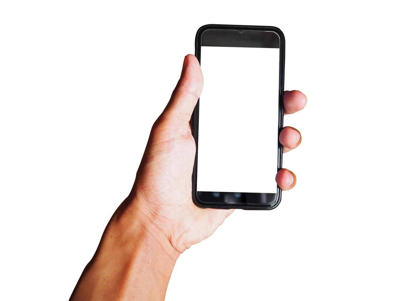Young man hand holding black smartphone with blank screen isolated on white background. Space for text or design photo