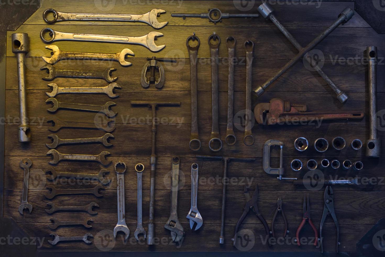 banner of assorted hand tools on wood for renovations, DIY, building and construction or woodworking photo