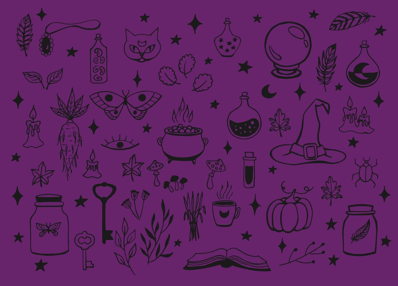 brujería, fondo mágico para brujas y magos. colección vectorial vintage. herramientas mágicas dibujadas a mano, concepto de brujería. herramientas mágicas dibujadas vector