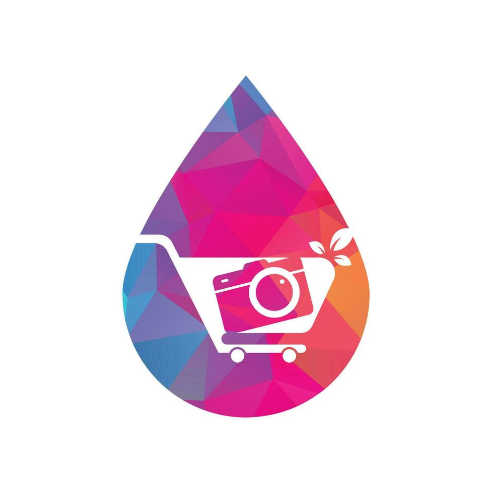 Camera Shop drop shape concept Logo vector icon. Shopping Cart with Camera Lens Logo Design Template.