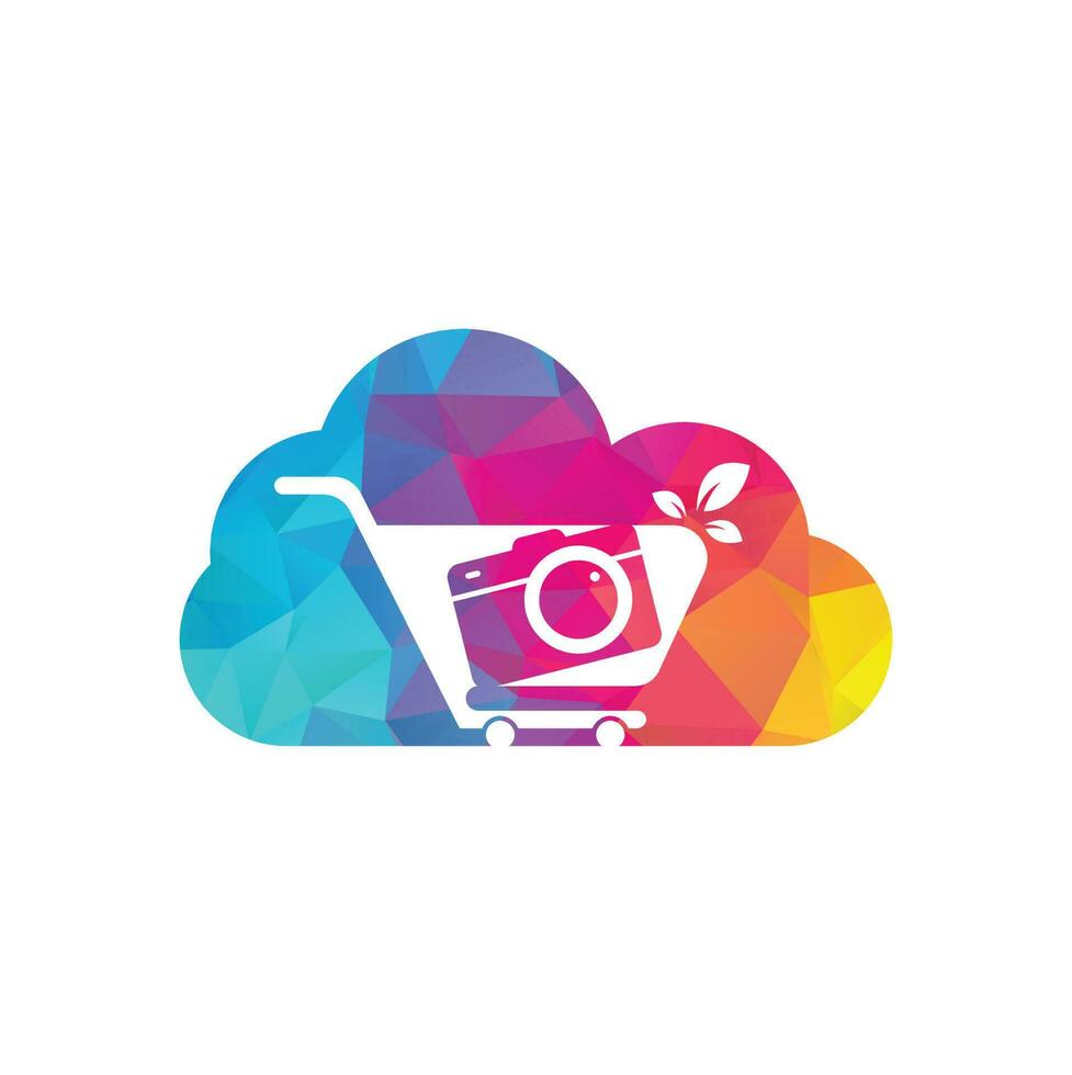 Camera Shop cloud shape concept Logo vector icon. Shopping Cart with Camera Lens Logo Design Template.