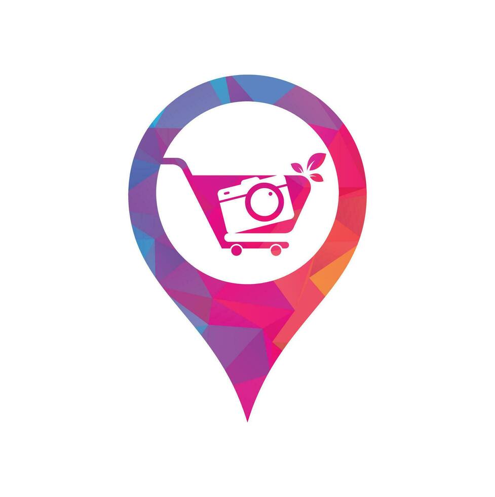 Camera Shop gps shape concept Logo vector icon. Shopping Cart with Camera Lens Logo Design Template.