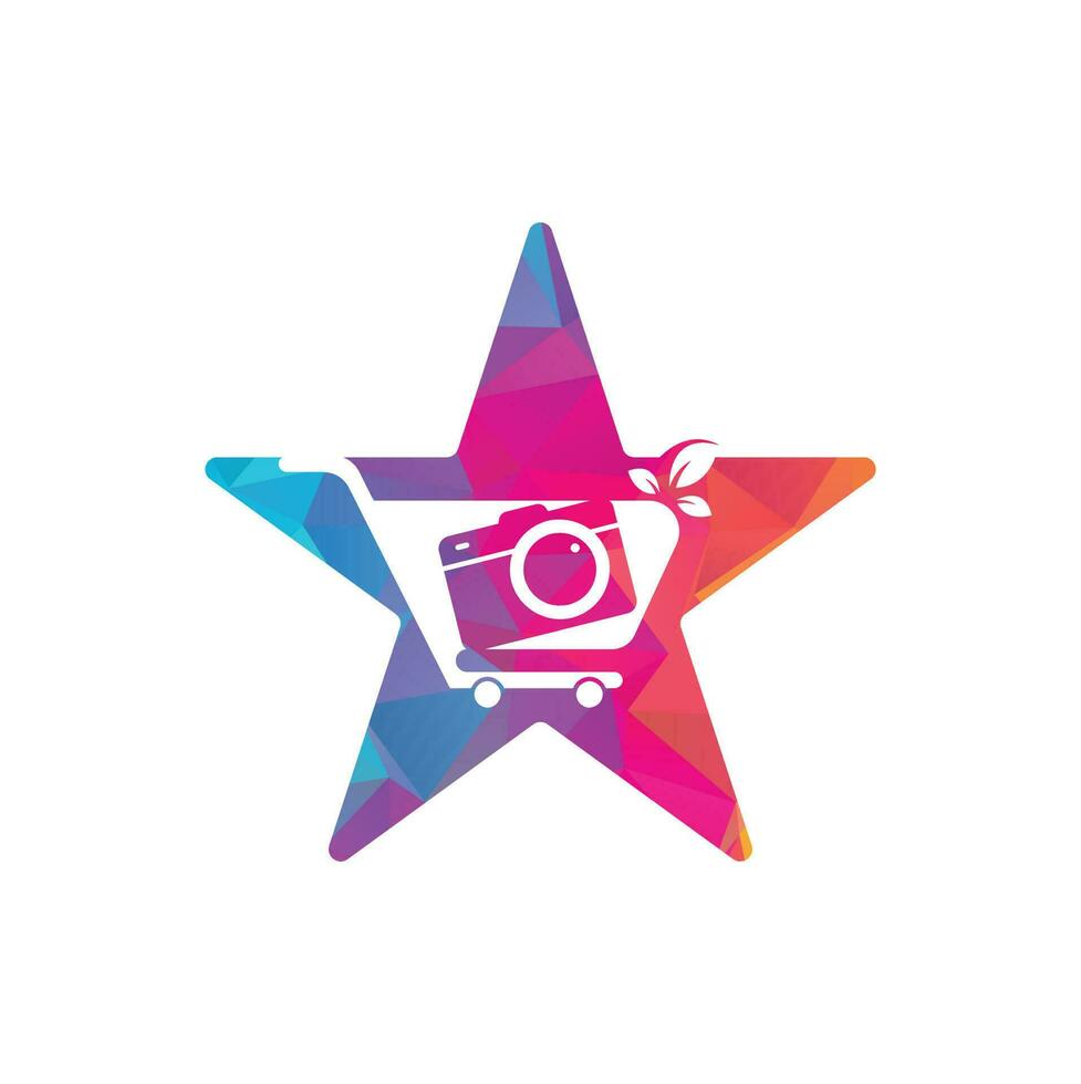 Camera Shop star shape concept Logo vector icon. Shopping Cart with Camera Lens Logo Design Template.