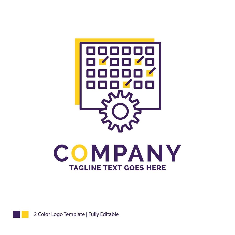 Company Name Logo Design For Event. management. processing. schedule. timing. Purple and yellow Brand Name Design with place for Tagline. Creative Logo template for Small and Large Business. vector