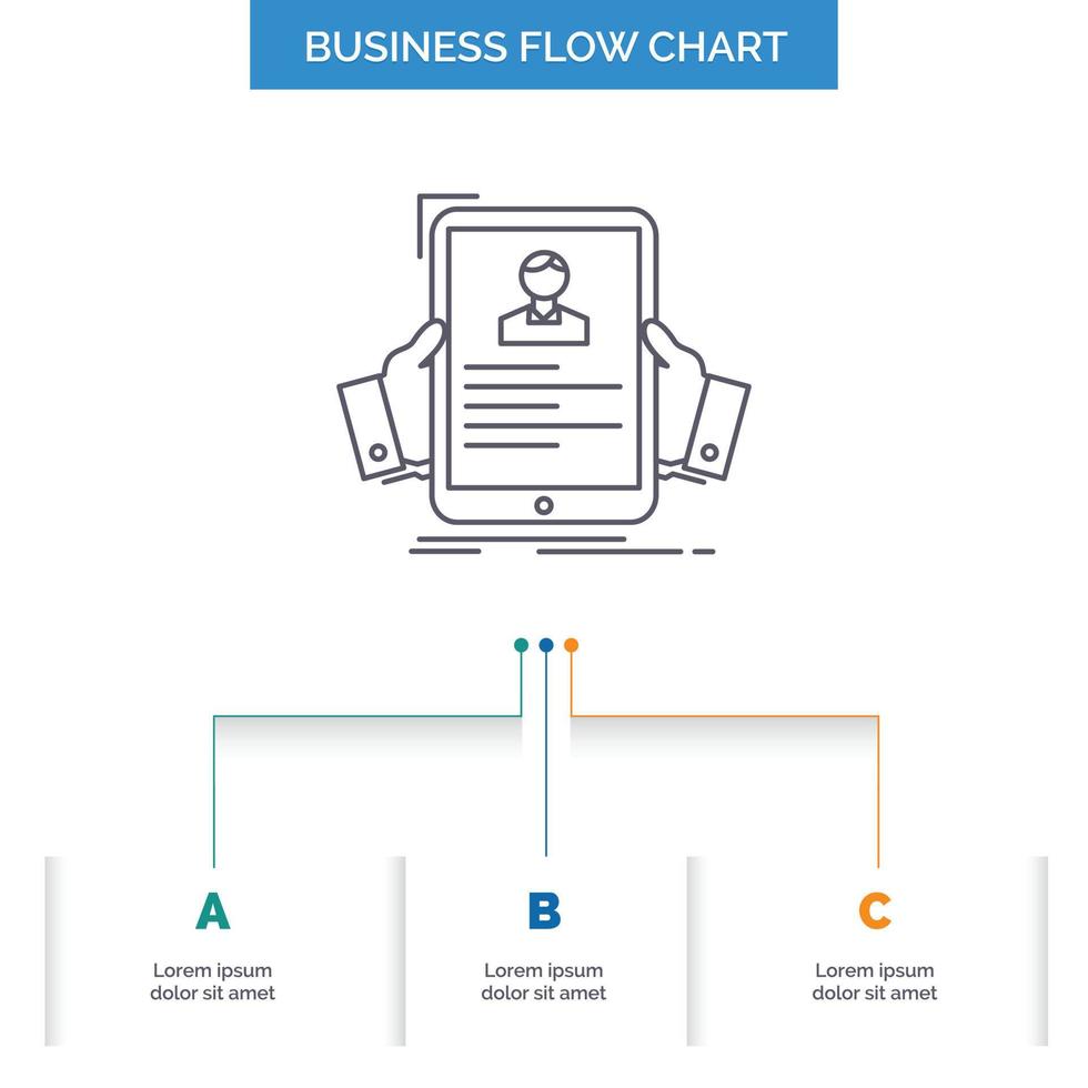 resume. employee. hiring. hr. profile Business Flow Chart Design with 3 Steps. Line Icon For Presentation Background Template Place for text vector