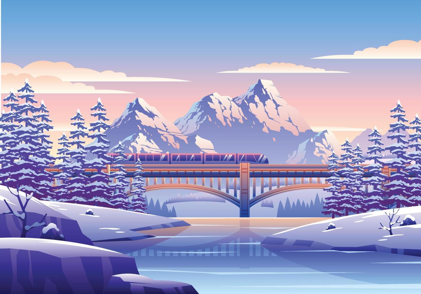 ilustración de paisaje de invierno nevado con tren, puente, pinos y montañas vector