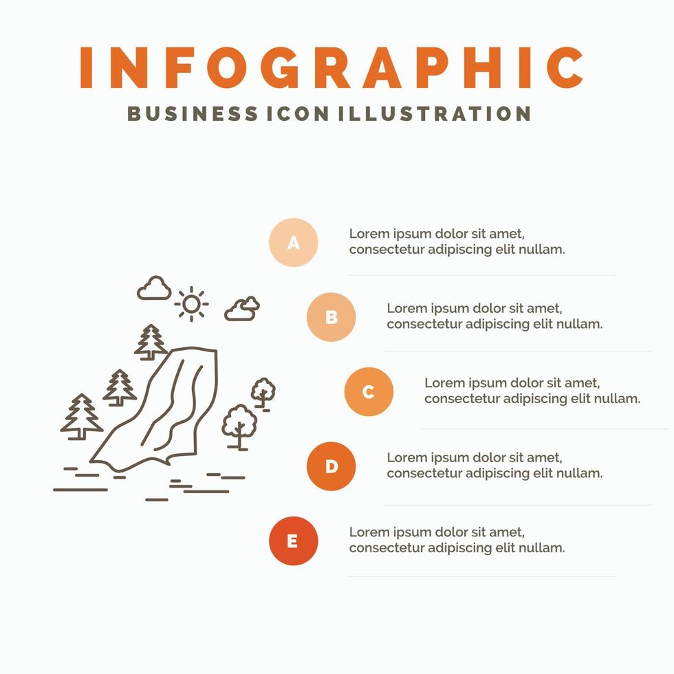 cascada. árbol. dolor. nubes plantilla de infografía de naturaleza para sitio web y presentación. icono de línea gris con ilustración de vector de estilo infográfico naranja