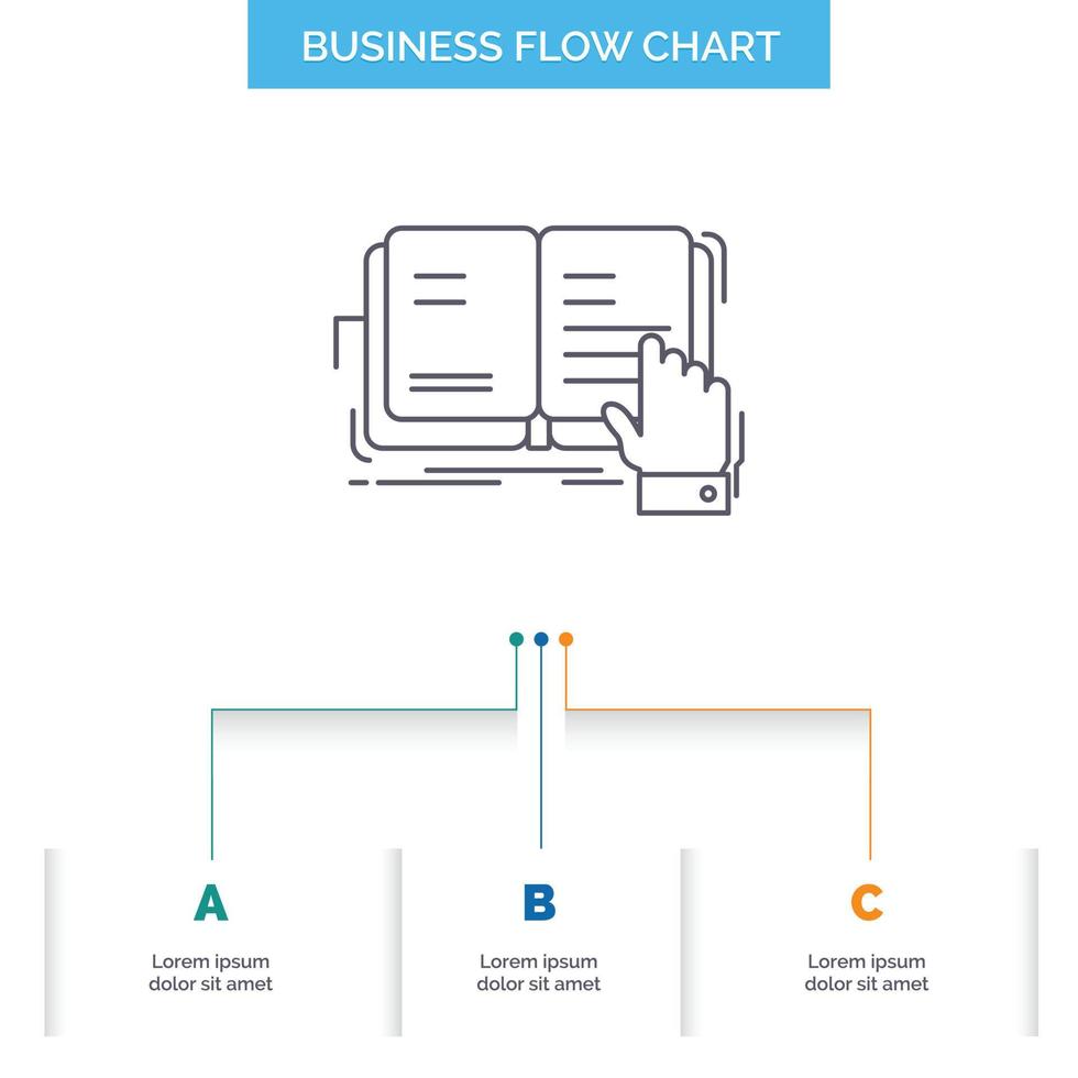 libro. lección. estudiar. literatura. lectura de diseño de diagrama de flujo de negocios con 3 pasos. icono de línea para el lugar de plantilla de fondo de presentación para texto vector