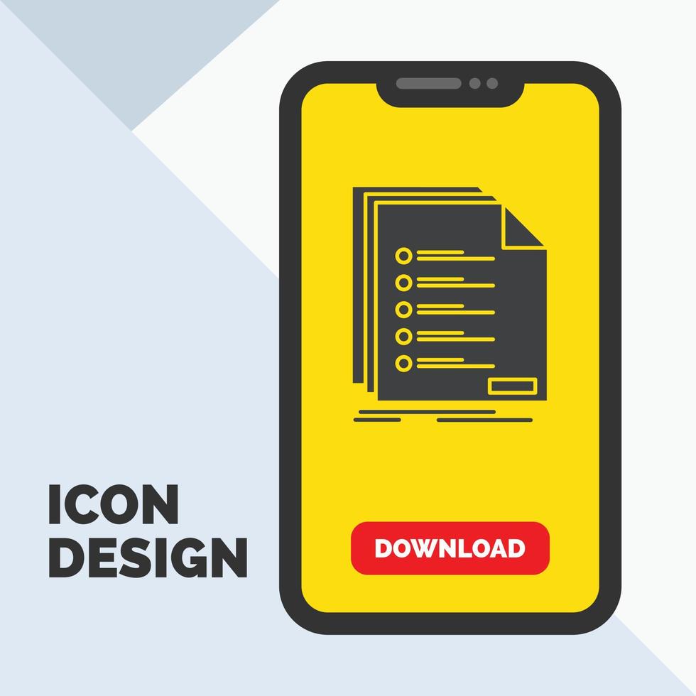 Check. filing. list. listing. registration Glyph Icon in Mobile for Download Page. Yellow Background vector