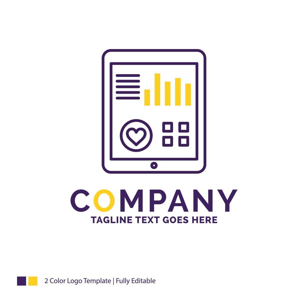 diseño del logotipo del nombre de la empresa para el seguimiento, la salud, el corazón, el pulso, el informe del paciente. diseño de marca púrpura y amarillo con lugar para eslogan. vector